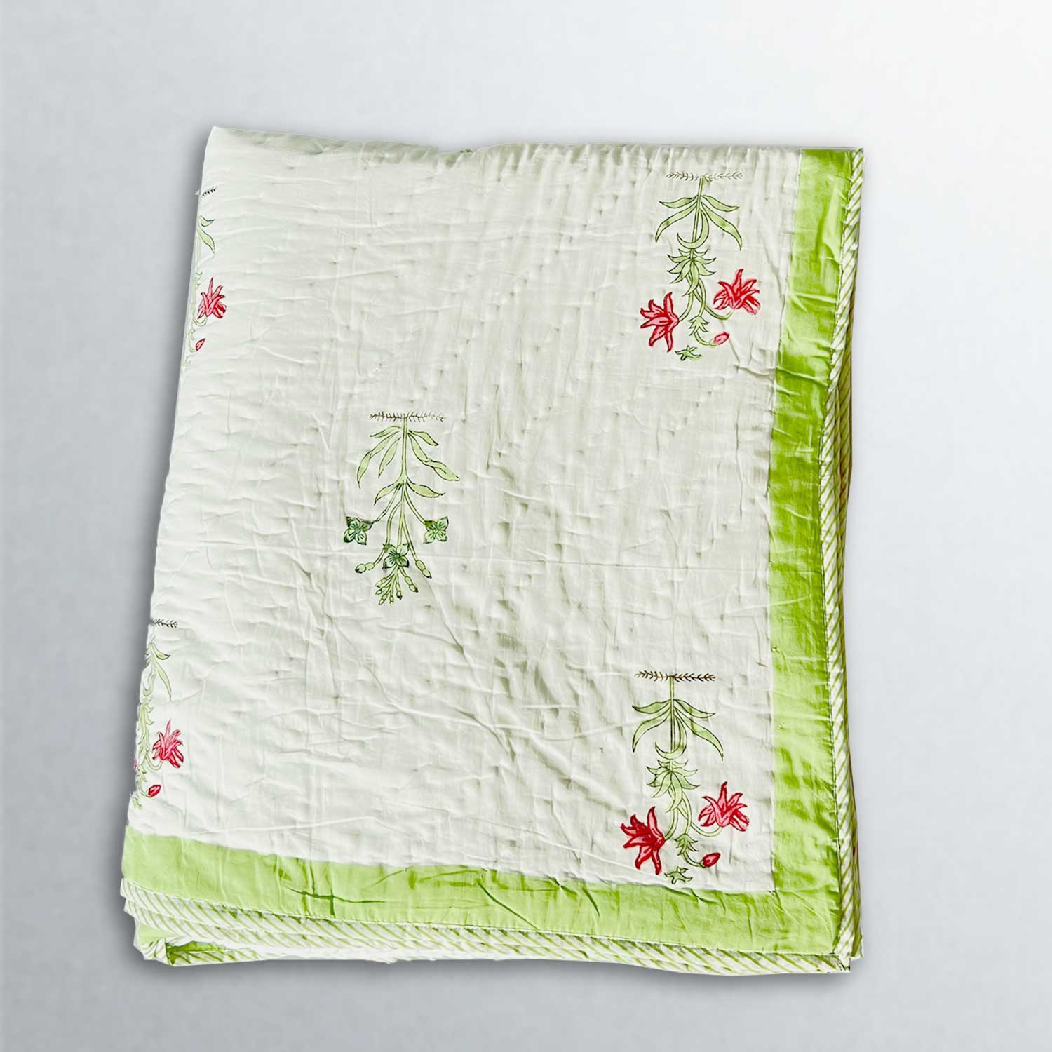 White & Green Soft Cotton Floral Printed Quilt - 90 inches x 100 inches