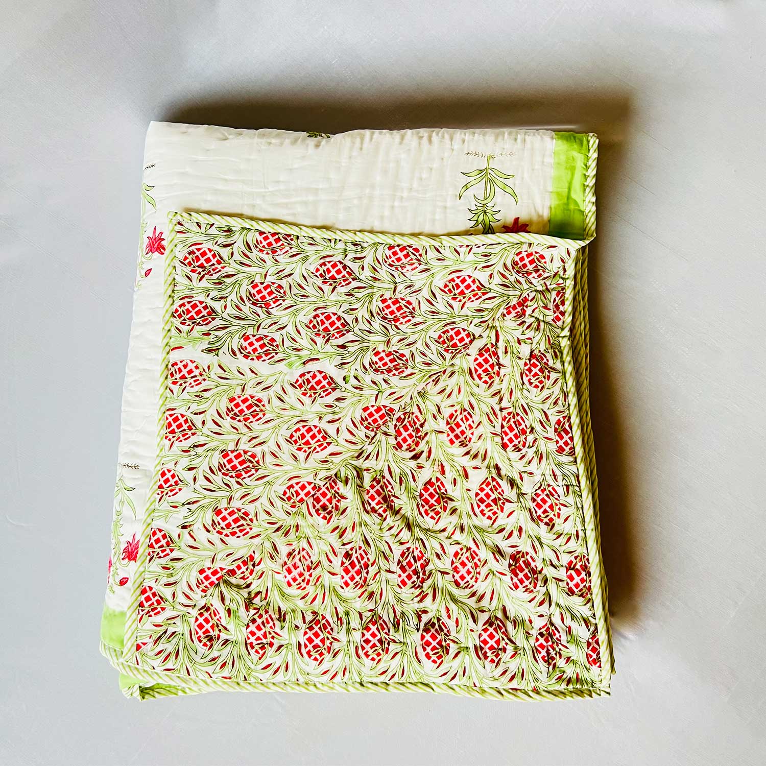 White & Green Soft Cotton Floral Printed Quilt - 90 inches x 100 inches