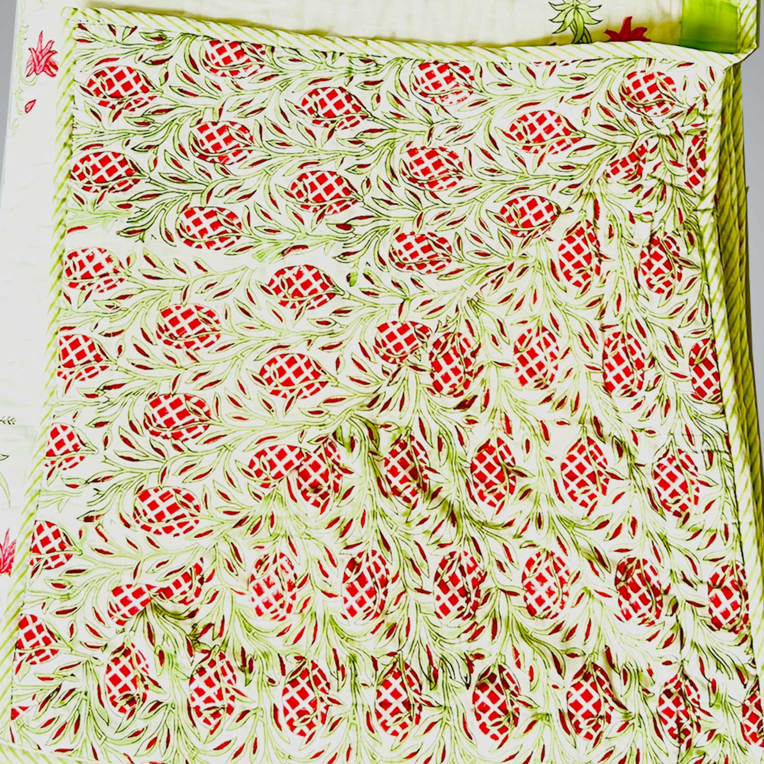 White & Green Soft Cotton Floral Printed Quilt - 90 inches x 100 inches