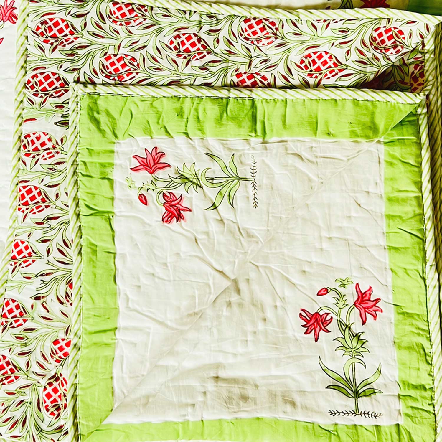 White & Green Soft Cotton Floral Printed Quilt - 90 inches x 100 inches