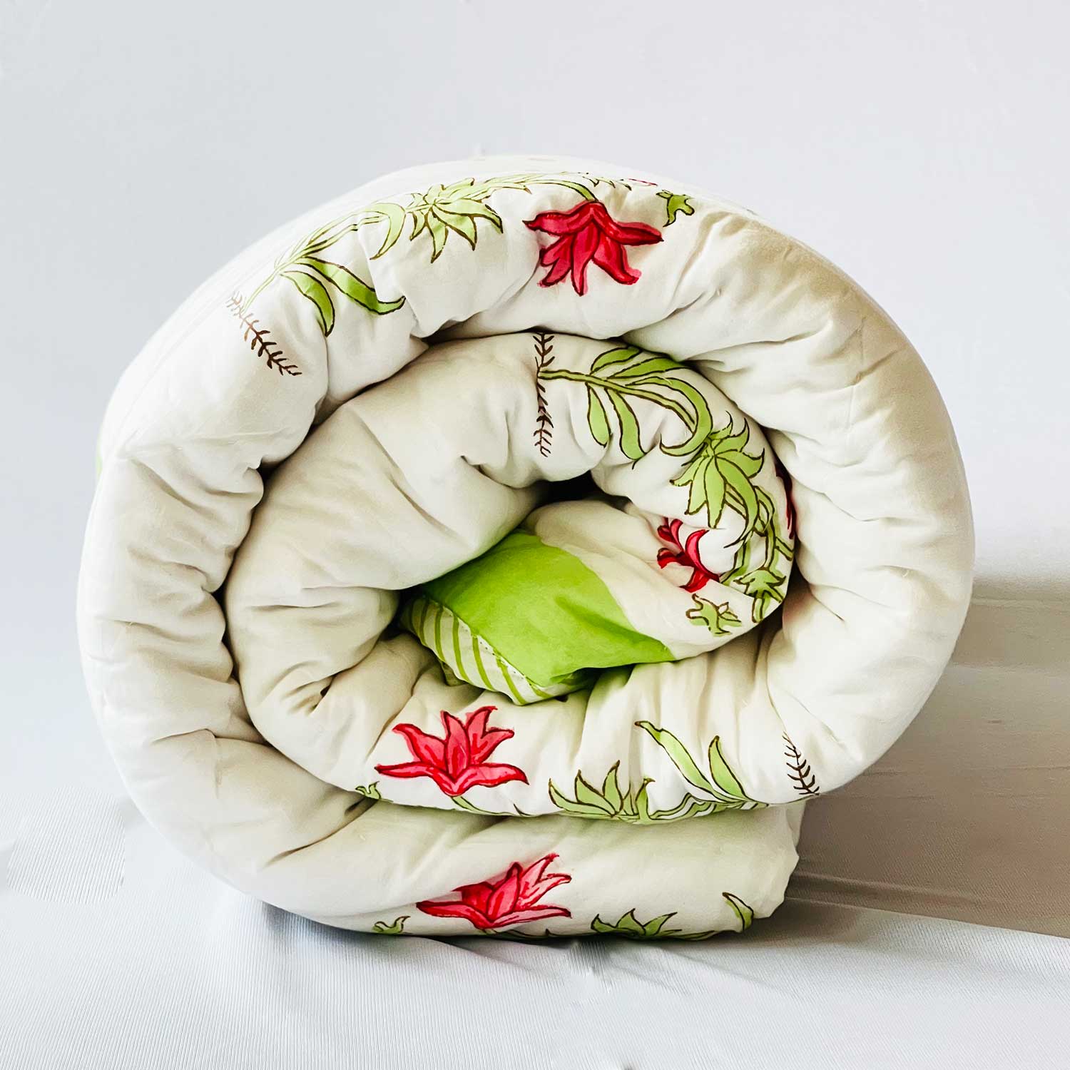 White & Green Soft Cotton Floral Printed Quilt - 90 inches x 100 inches