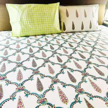 White and Green Jaal Block Printed Cotton Bedsheet 108x108 Inches