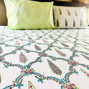 White and Green Jaal Block Printed Cotton Bedsheet 108x108 Inches