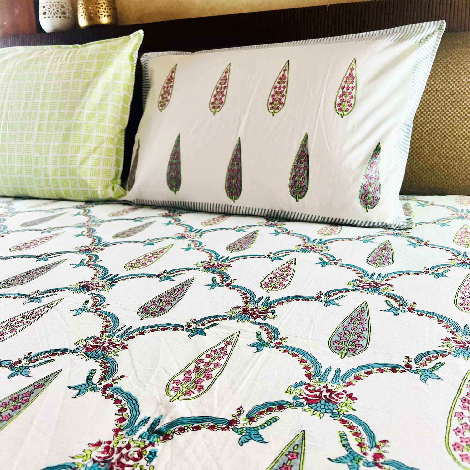 White and Green Jaal Block Printed Cotton Bedsheet 108x108 Inches