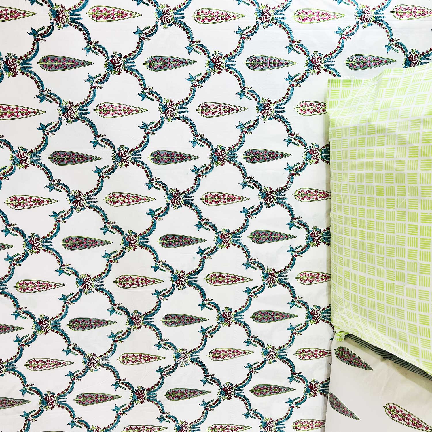 White and Green Jaal Block Printed Cotton Bedsheet 108x108 Inches