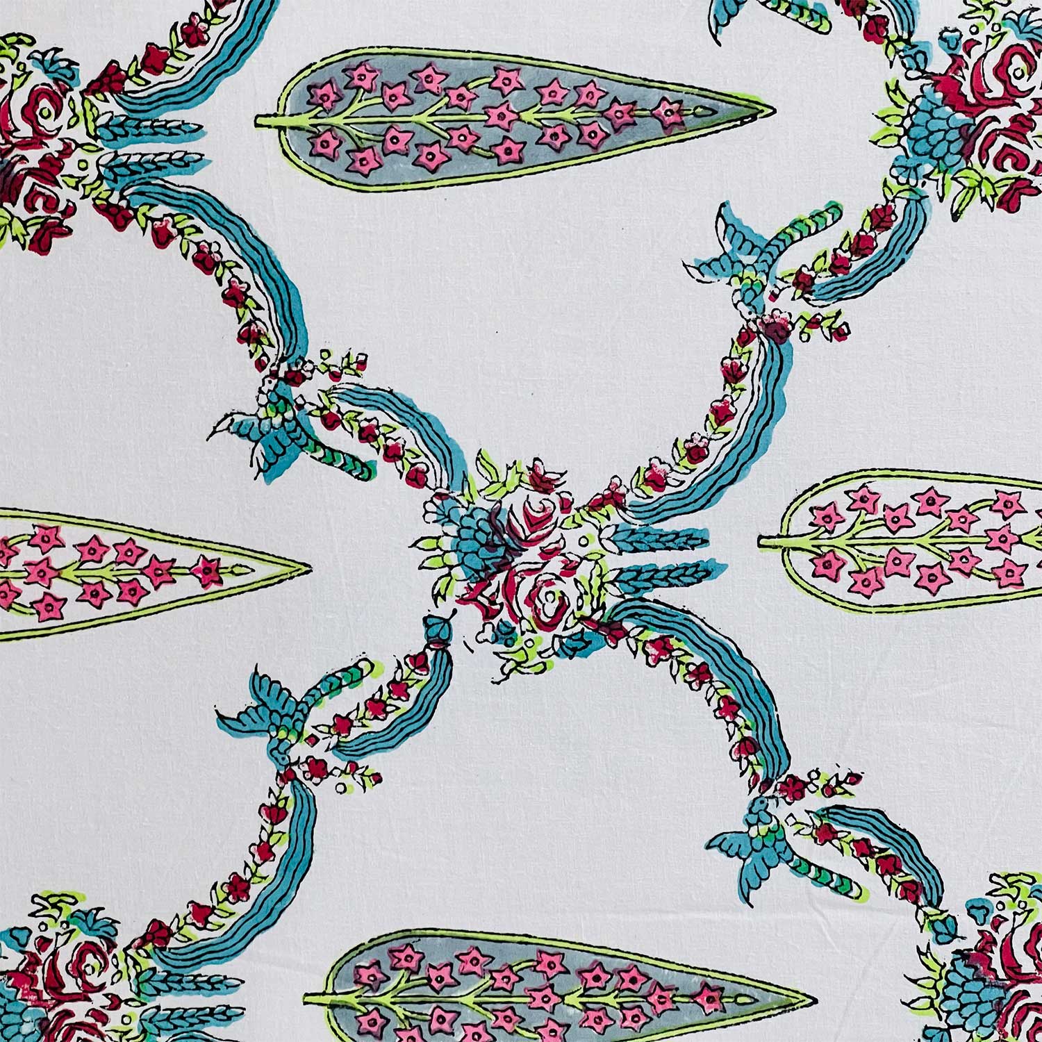 White and Green Jaal Block Printed Cotton Bedsheet 108x108 Inches