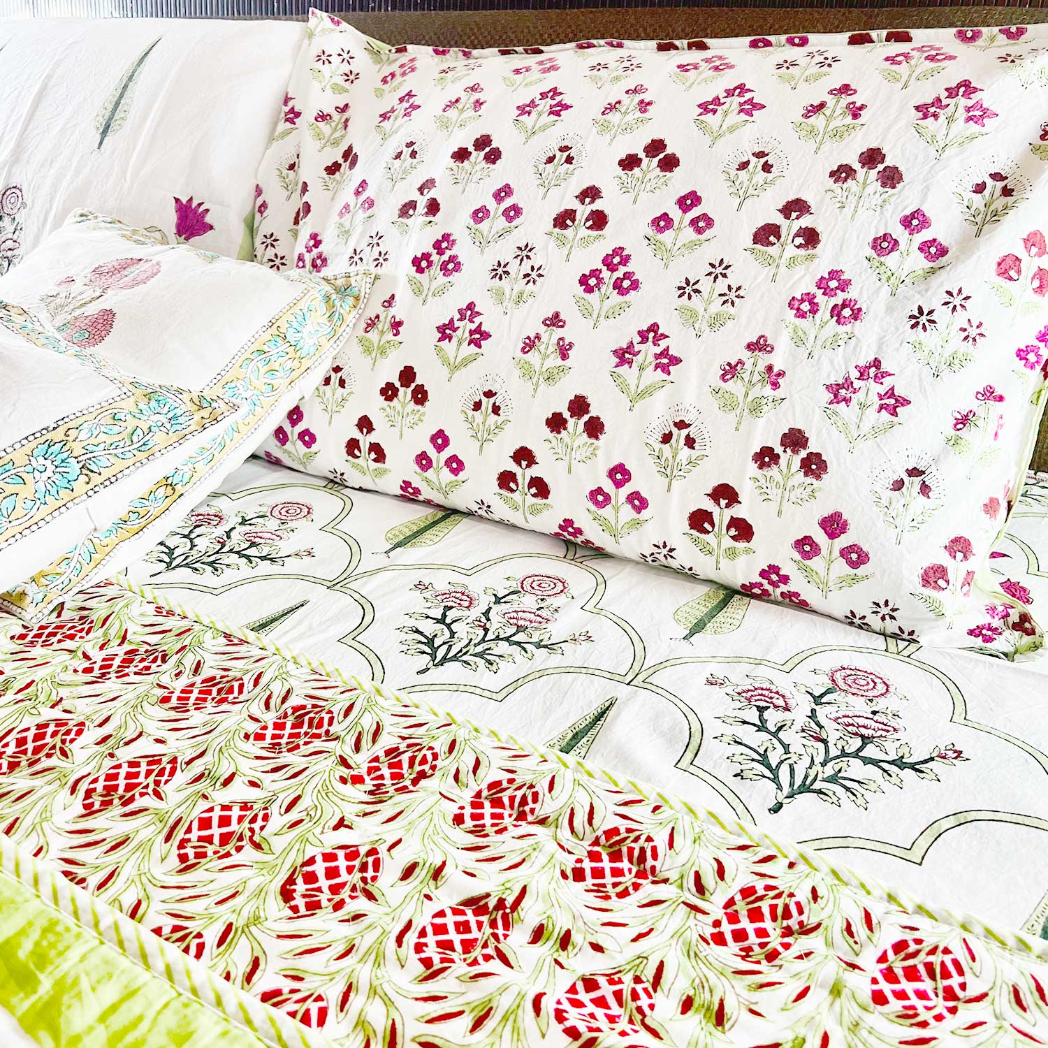 Refreshing Green & Pink Jaal Block Printed 210 Thread Count Cotton Double Bedsheet Set With 2 Pillow Covers