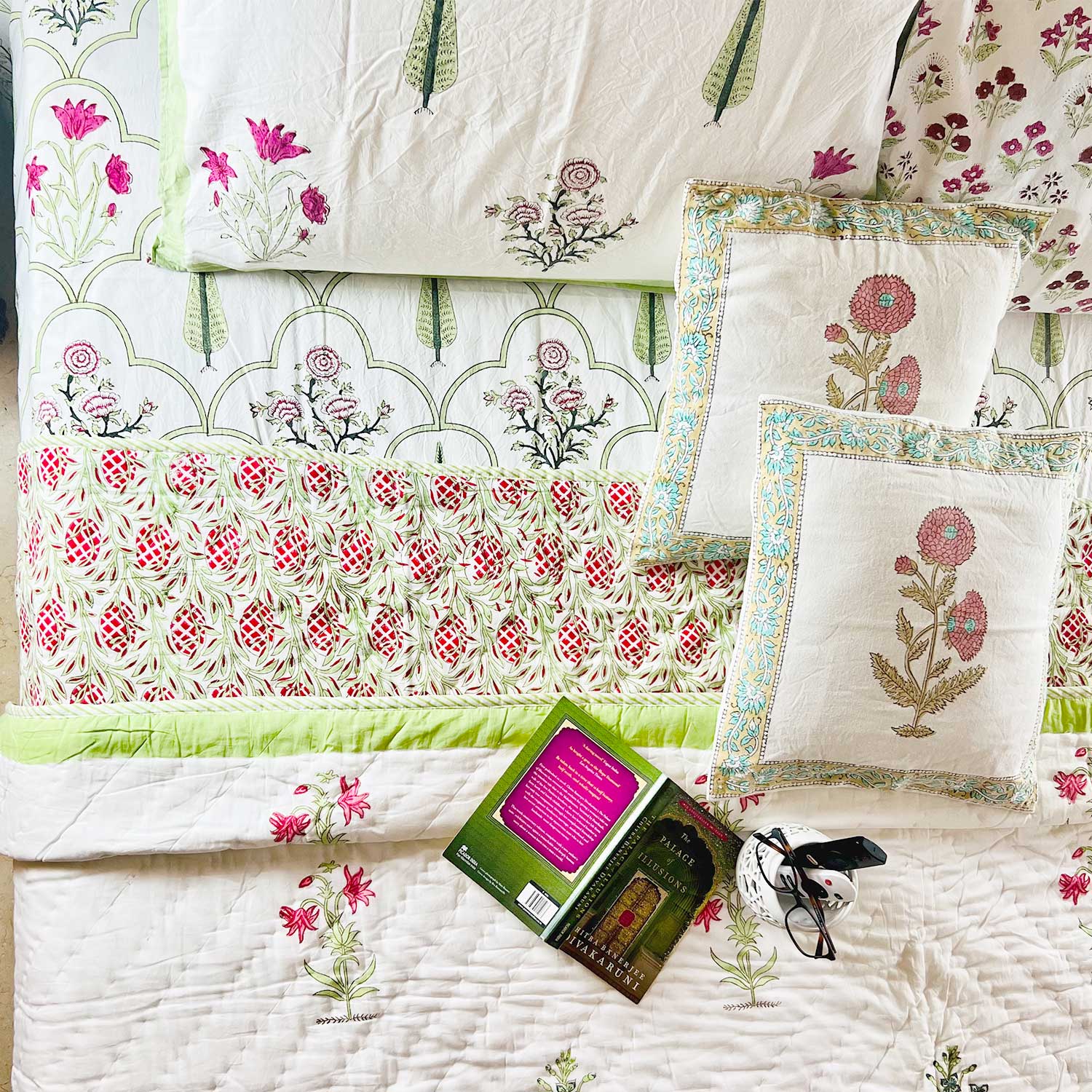 Refreshing Green & Pink Jaal Block Printed 210 Thread Count Cotton Double Bedsheet Set With 2 Pillow Covers