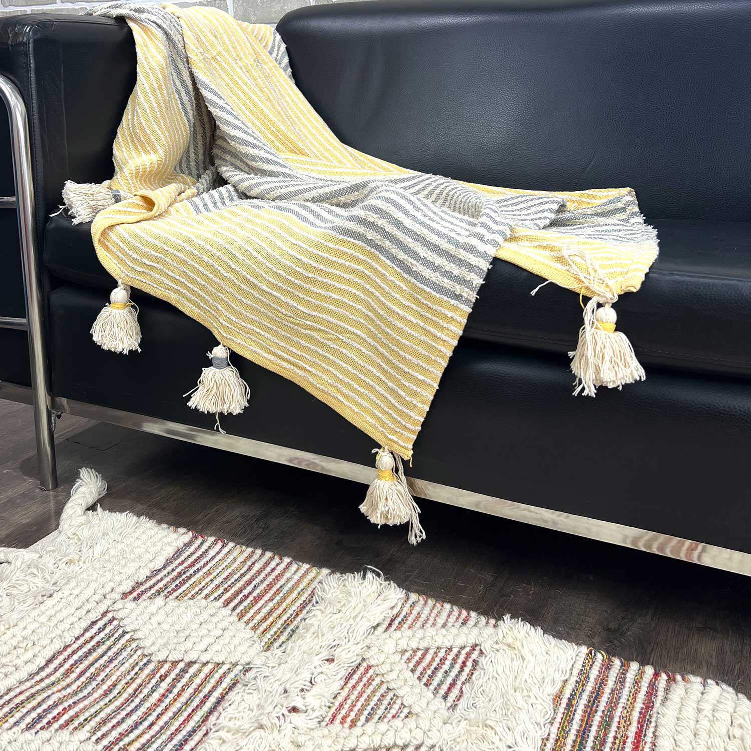 Yellow & Blue Cotton Throw with Tassels 1 54 inches x 68 inches
