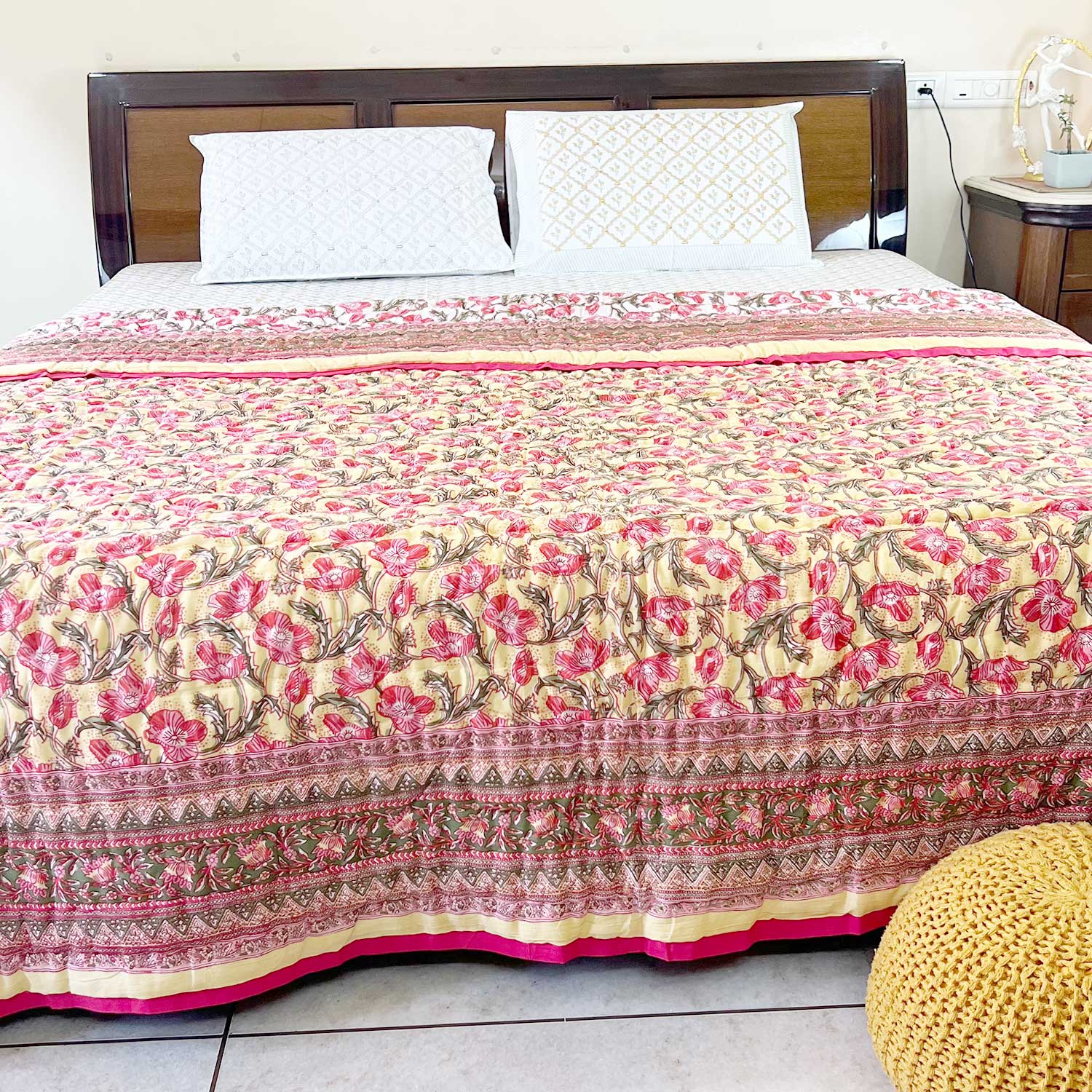 Red Jaal Block Printed Double sided Cotton Quilt - 90 inches x 108 inches