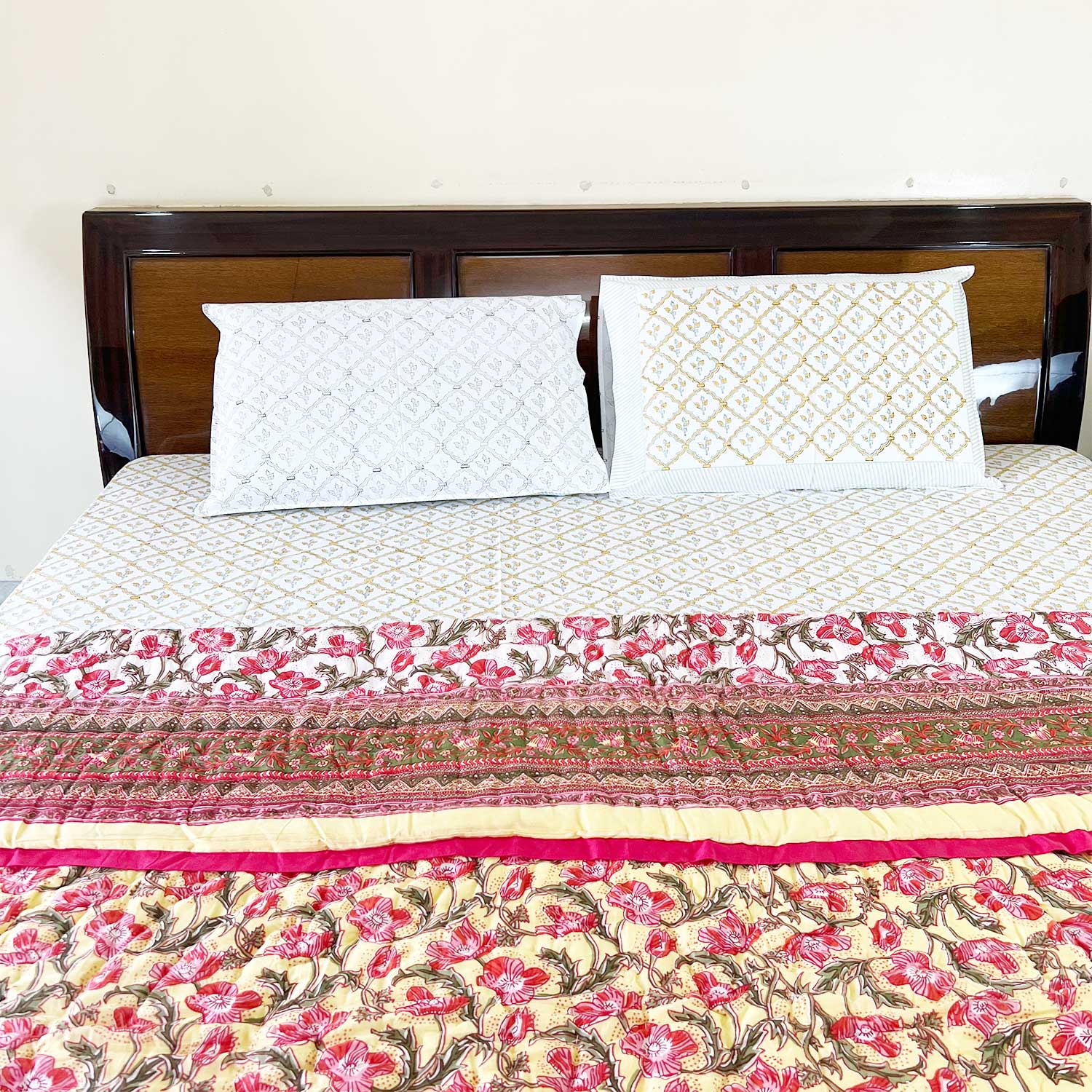 Red Jaal Block Printed Double sided Cotton Quilt - 90 inches x 108 inches