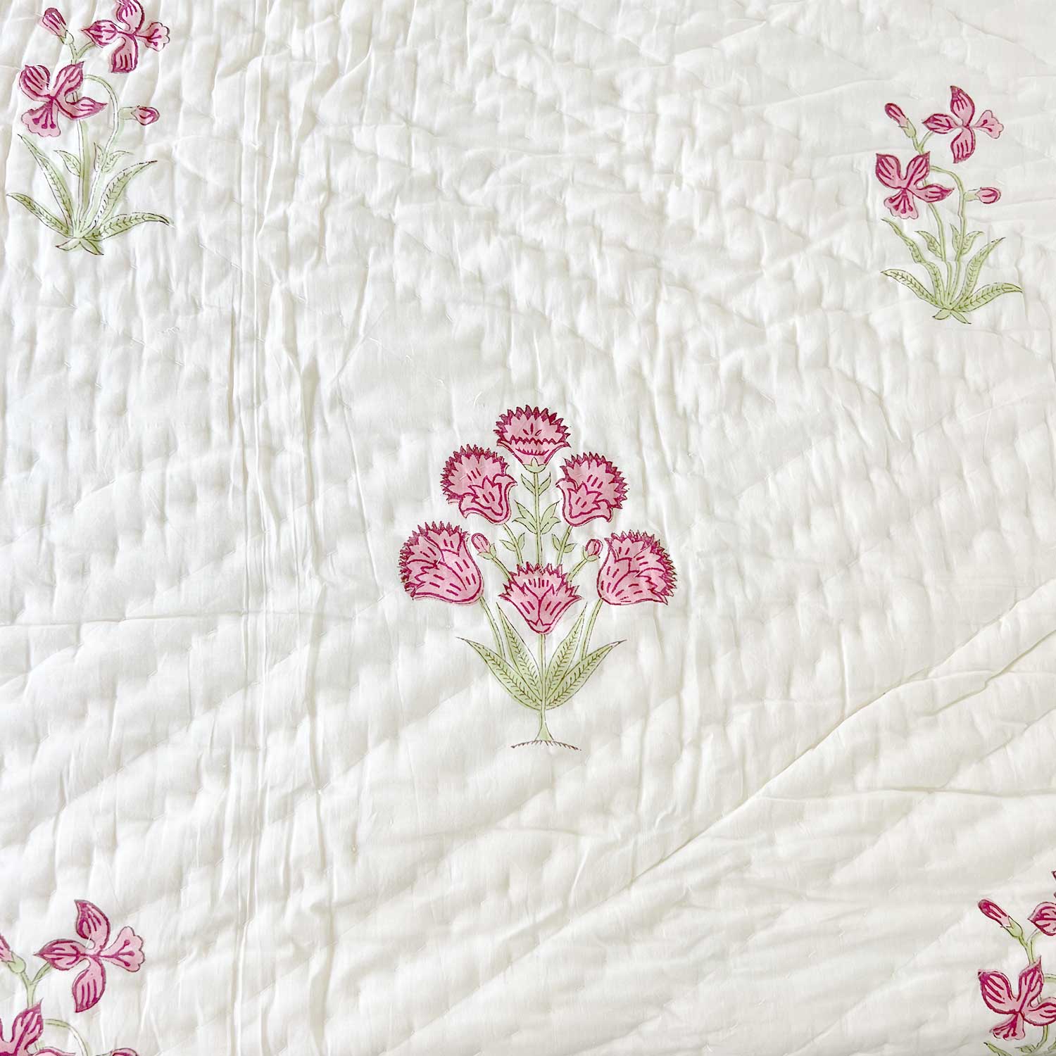 Elegant Floral  Block Printed Double sided Cotton Quilt - 90 inches x 108 inches