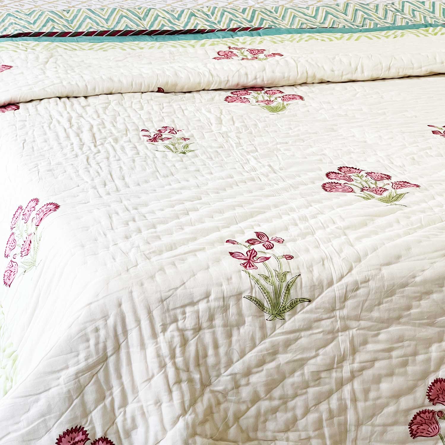 Elegant Floral  Block Printed Double sided Cotton Quilt - 90 inches x 108 inches