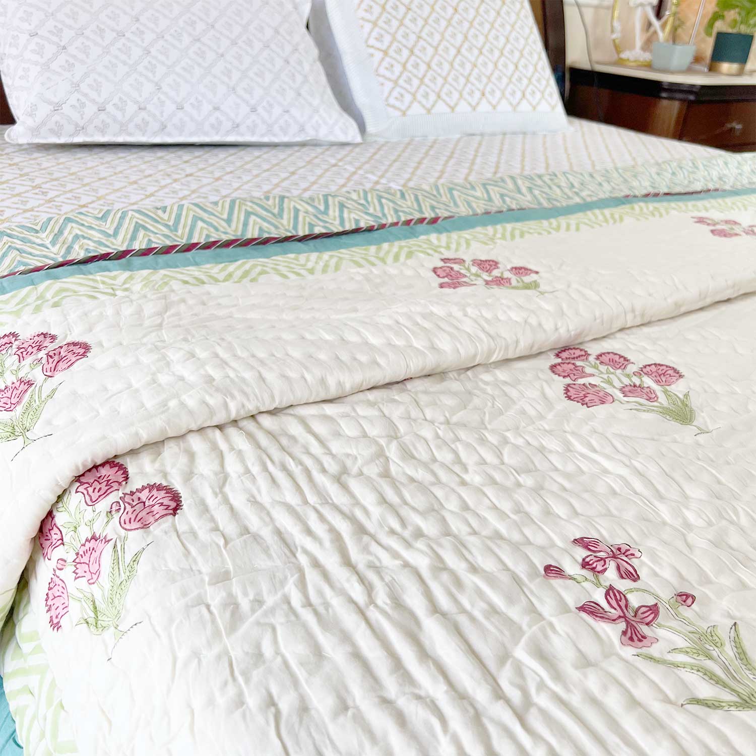 Elegant Floral  Block Printed Double sided Cotton Quilt - 90 inches x 108 inches