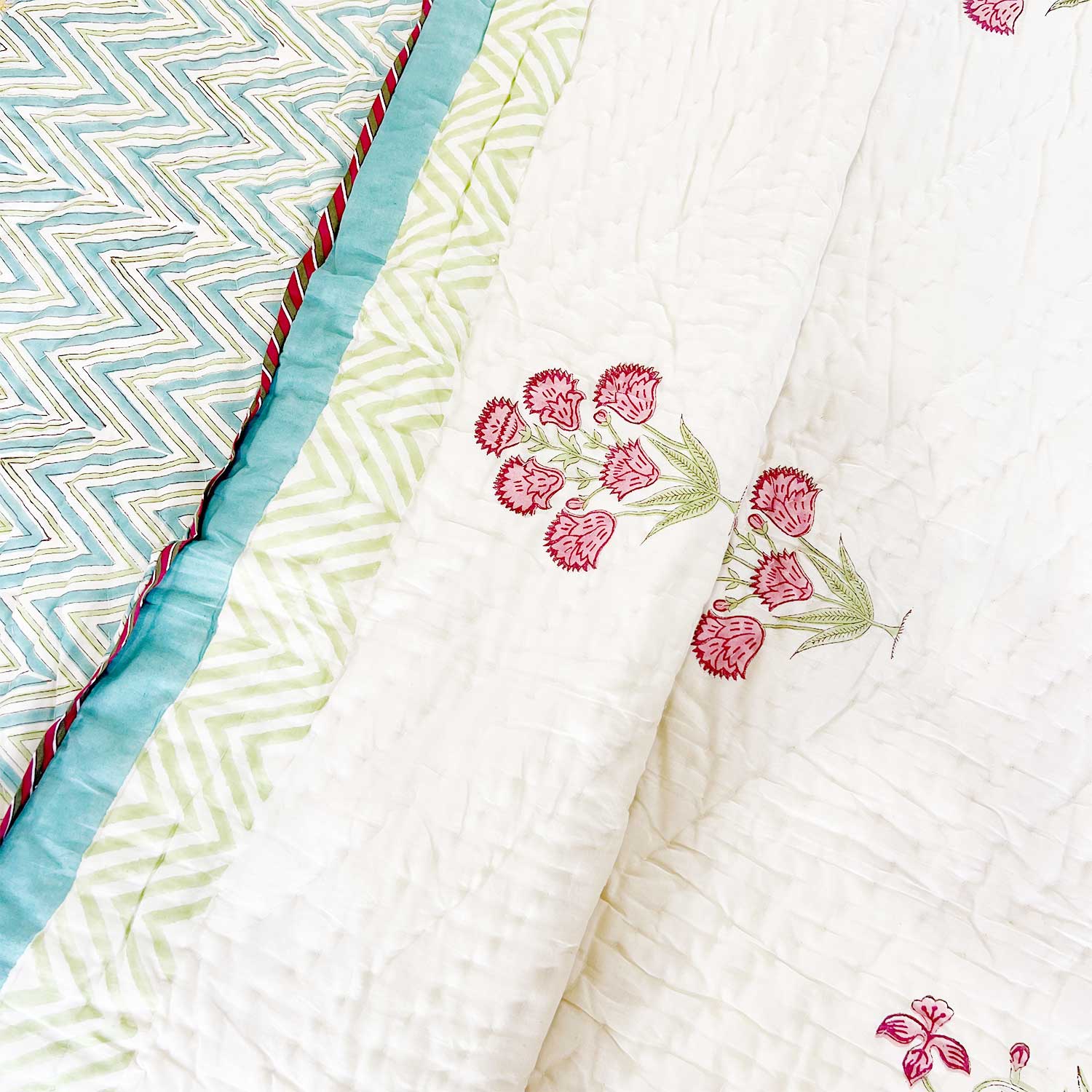 Elegant Floral  Block Printed Double sided Cotton Quilt - 90 inches x 108 inches