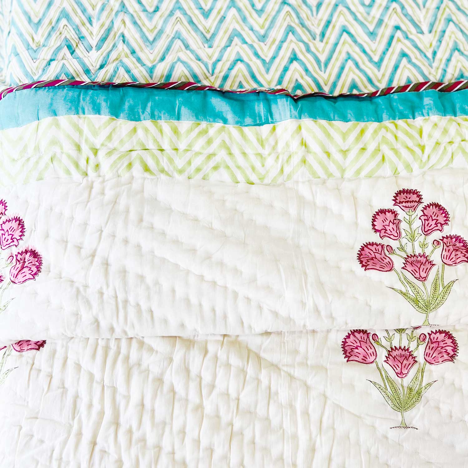 Elegant Floral  Block Printed Double sided Cotton Quilt - 90 inches x 108 inches