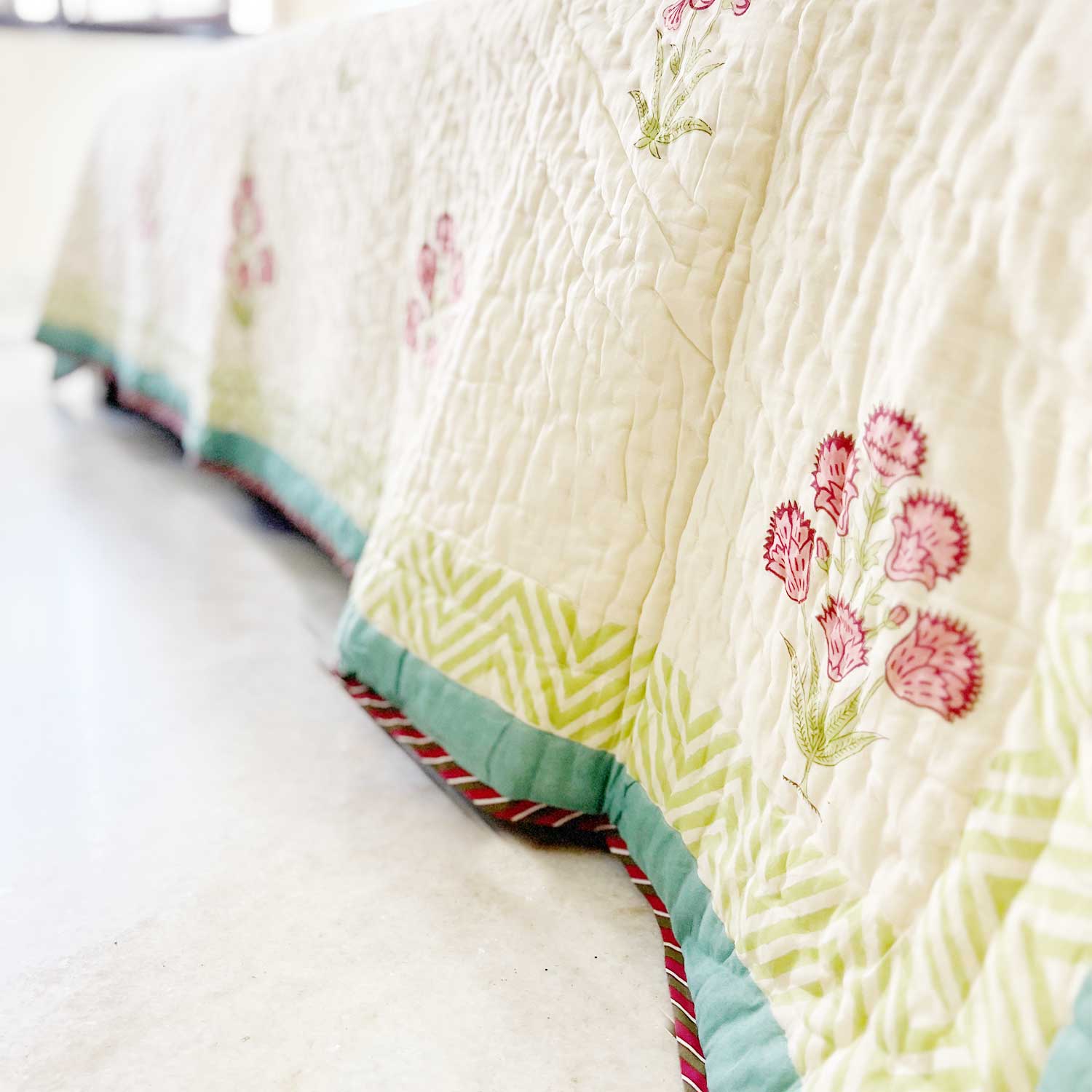 Elegant Floral  Block Printed Double sided Cotton Quilt - 90 inches x 108 inches