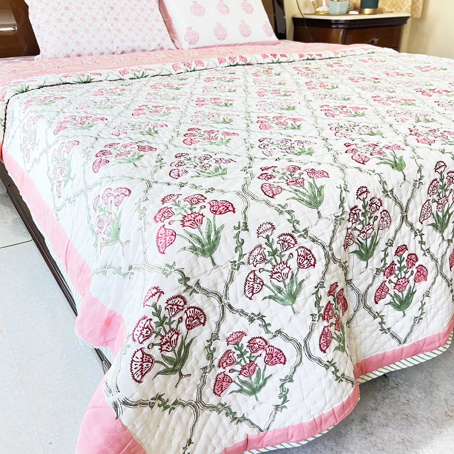 Pink  Floral  Block Printed Double sided Cotton Quilt - 90 inches x 108 inches
