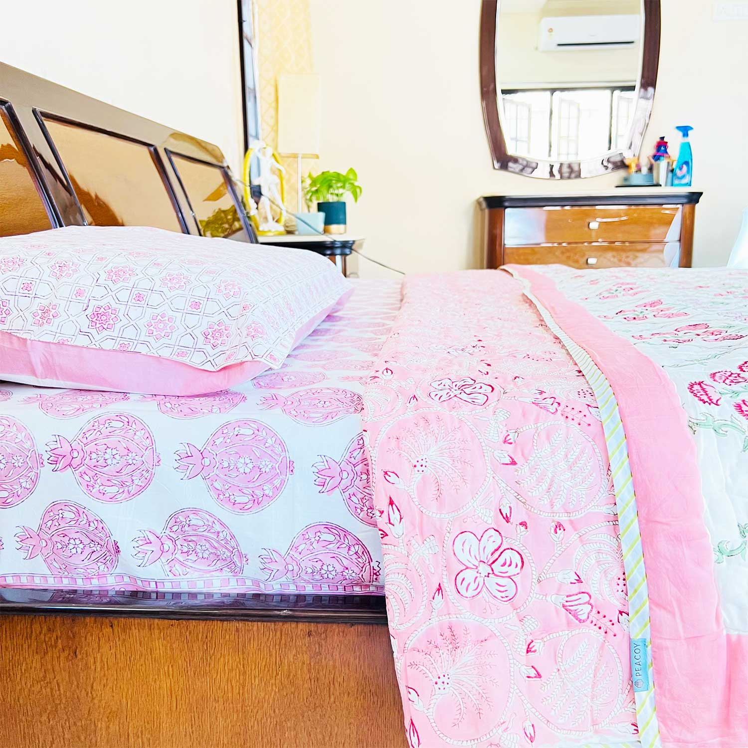 Pink  Floral  Block Printed Double sided Cotton Quilt - 90 inches x 108 inches