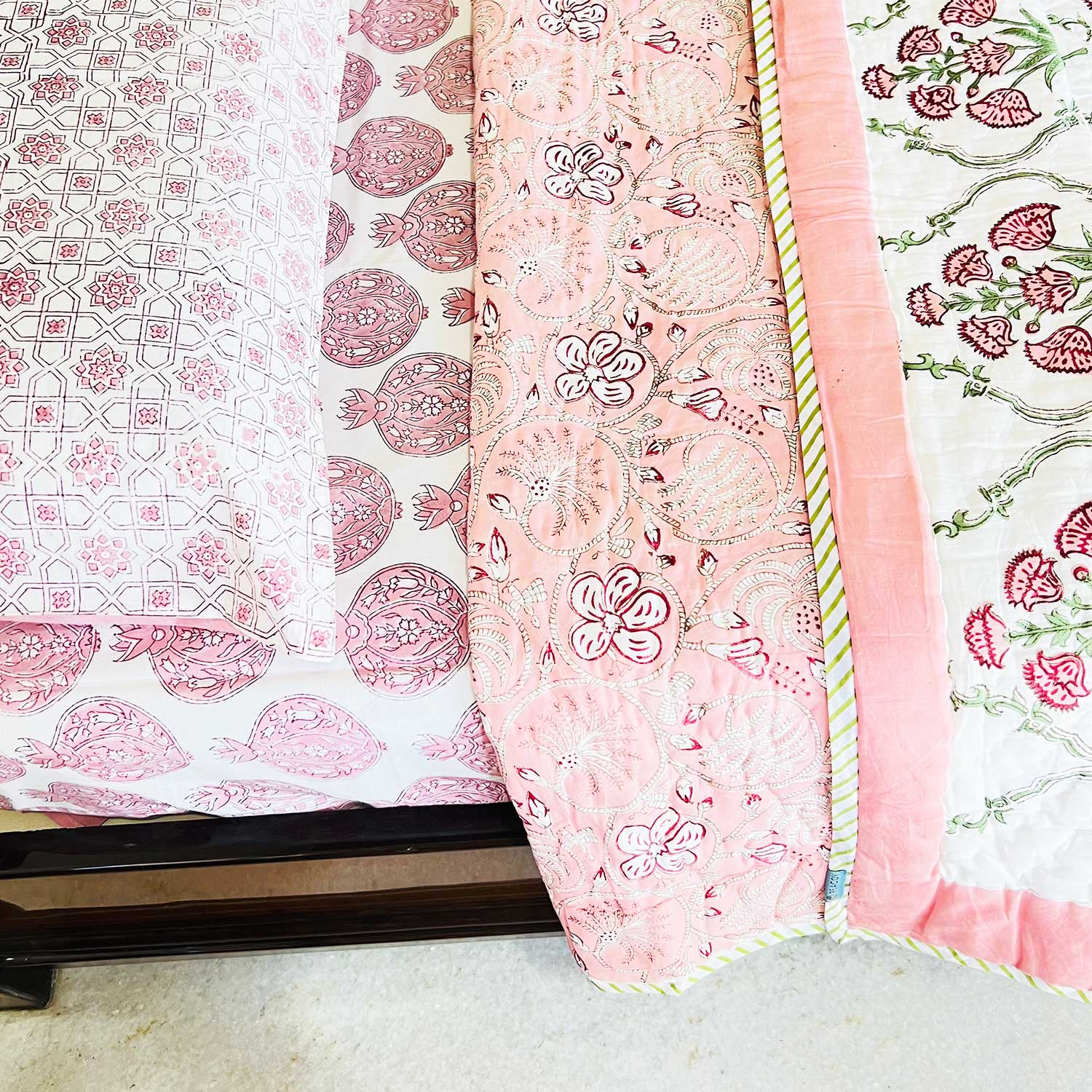 Pink  Floral  Block Printed Double sided Cotton Quilt - 90 inches x 108 inches