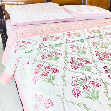 Pink  Floral  Block Printed Double sided Cotton Quilt - 90 inches x 108 inches