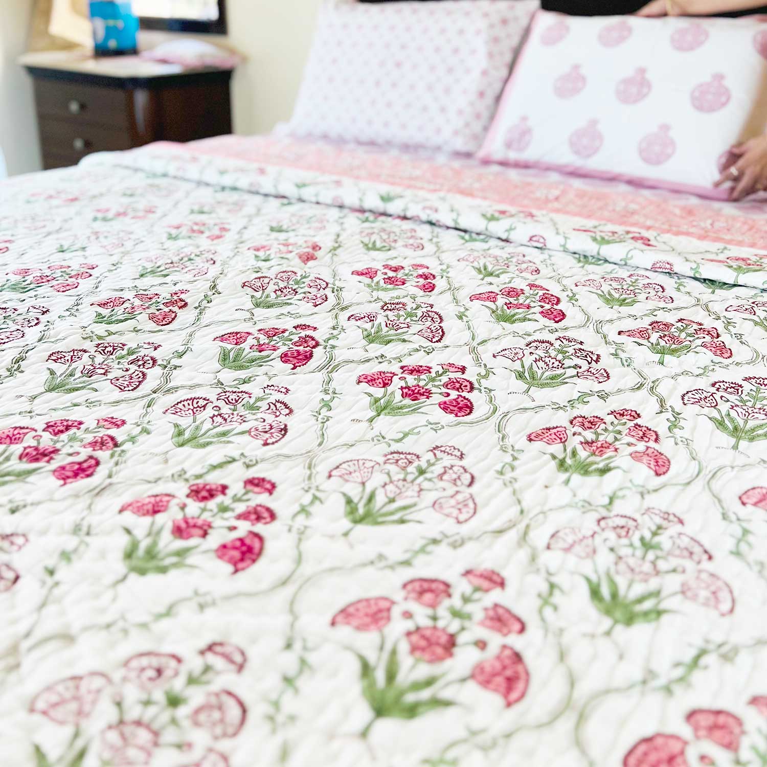 Pink  Floral  Block Printed Double sided Cotton Quilt - 90 inches x 108 inches