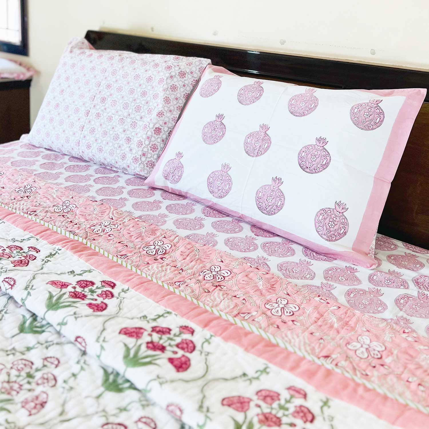 Pomegranate Motif Jaipuri Bedsheet 90"x108"