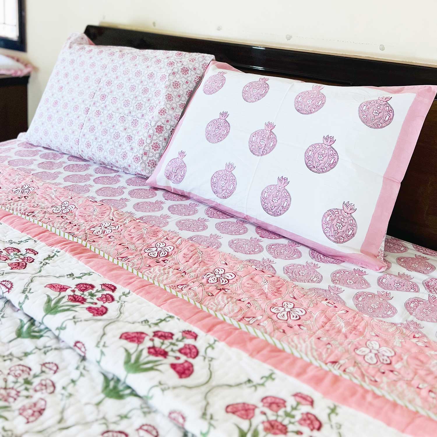 Pink  Floral  Block Printed Double sided Cotton Quilt - 90 inches x 108 inches