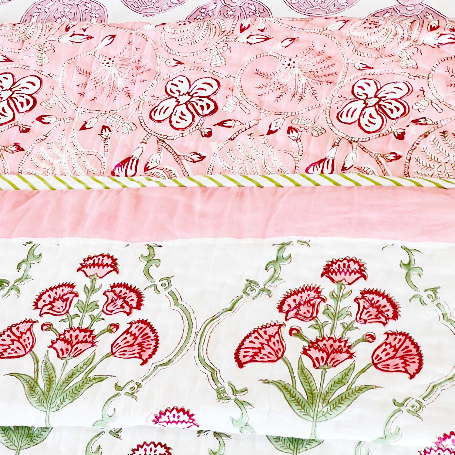 Pink  Floral  Block Printed Double sided Cotton Quilt - 90 inches x 108 inches