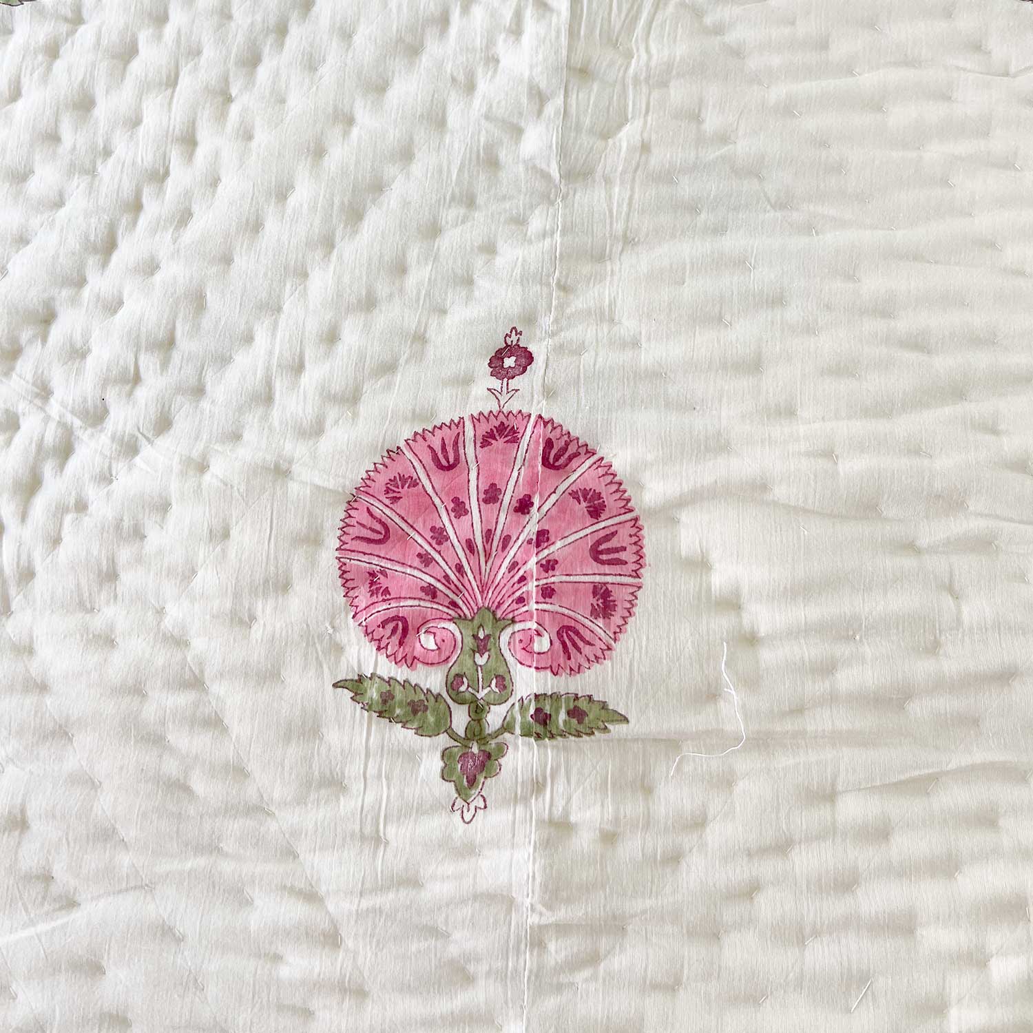 Pink Motif Block Printed Double sided Cotton Quilt - 90 inches x 108 inches