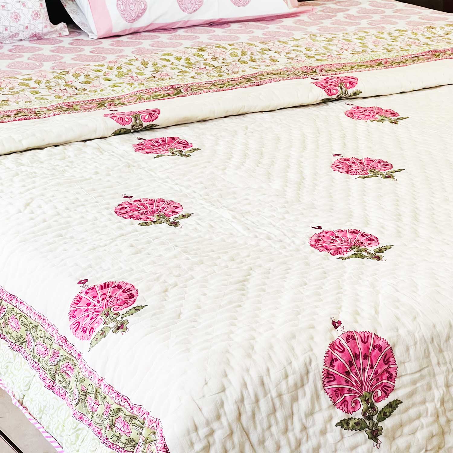 Pink Motif Block Printed Double sided Cotton Quilt - 90 inches x 108 inches