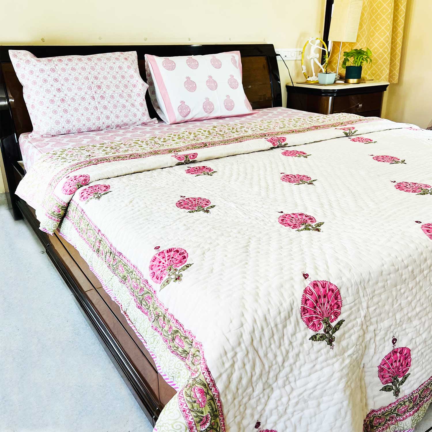 Pink Motif Block Printed Double sided Cotton Quilt - 90 inches x 108 inches