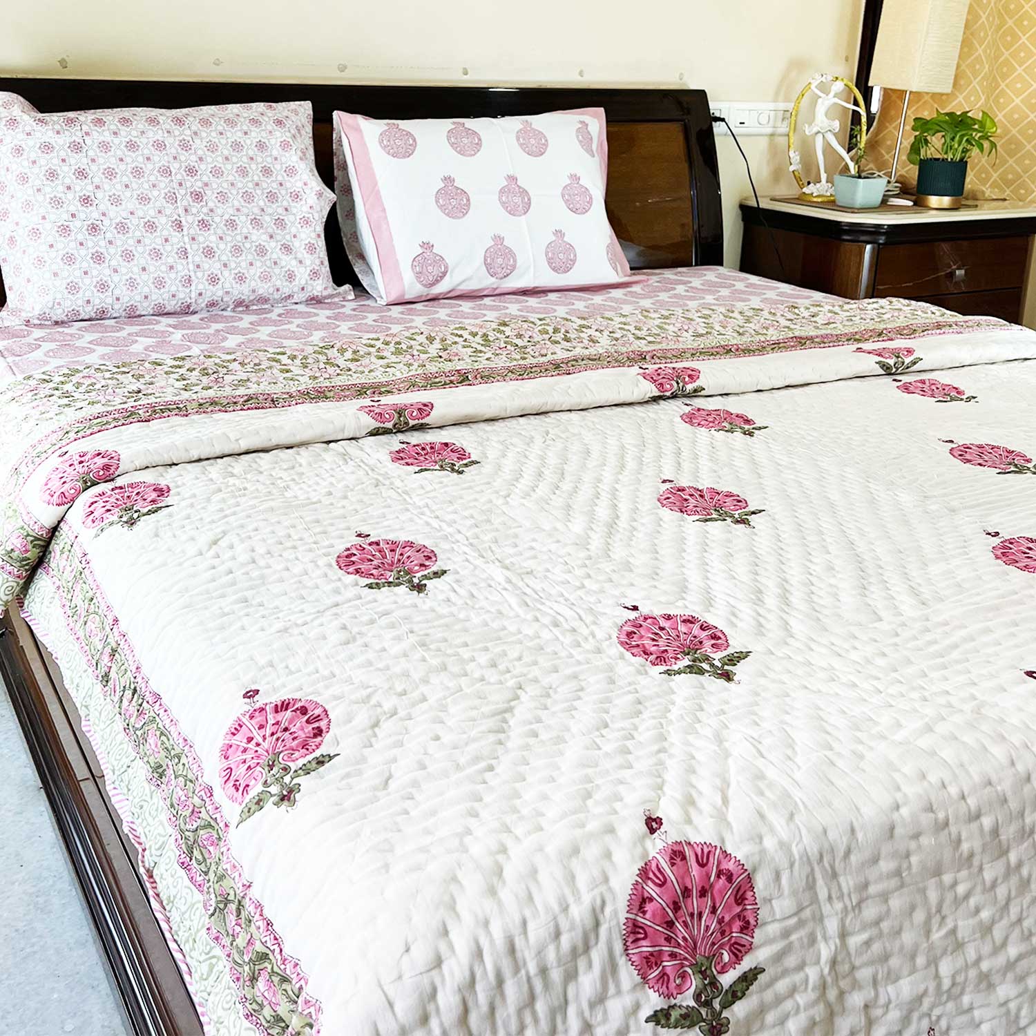 Pink Motif Block Printed Double sided Cotton Quilt - 90 inches x 108 inches