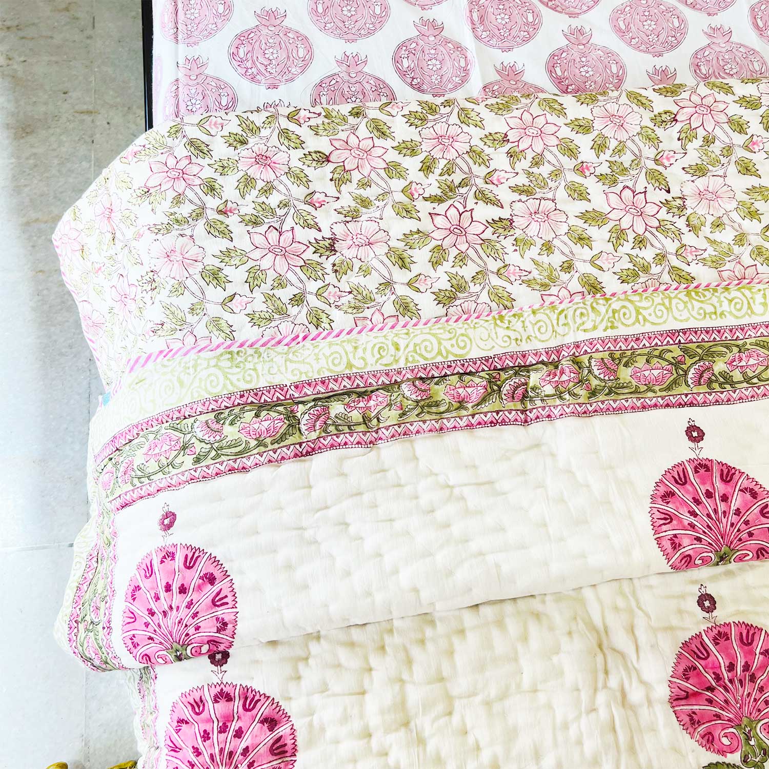 Pink Motif Block Printed Double sided Cotton Quilt - 90 inches x 108 inches