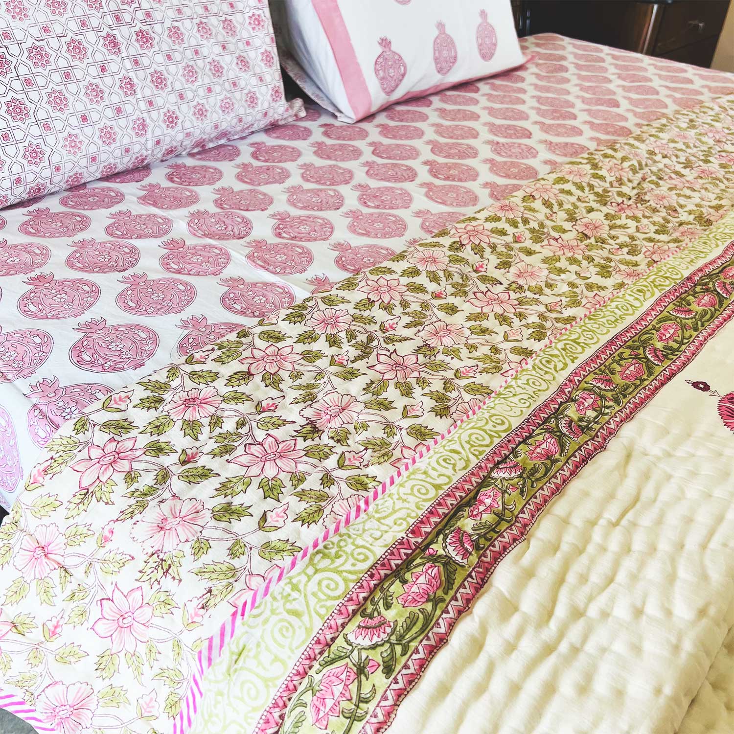 Pink Motif Block Printed Double sided Cotton Quilt - 90 inches x 108 inches