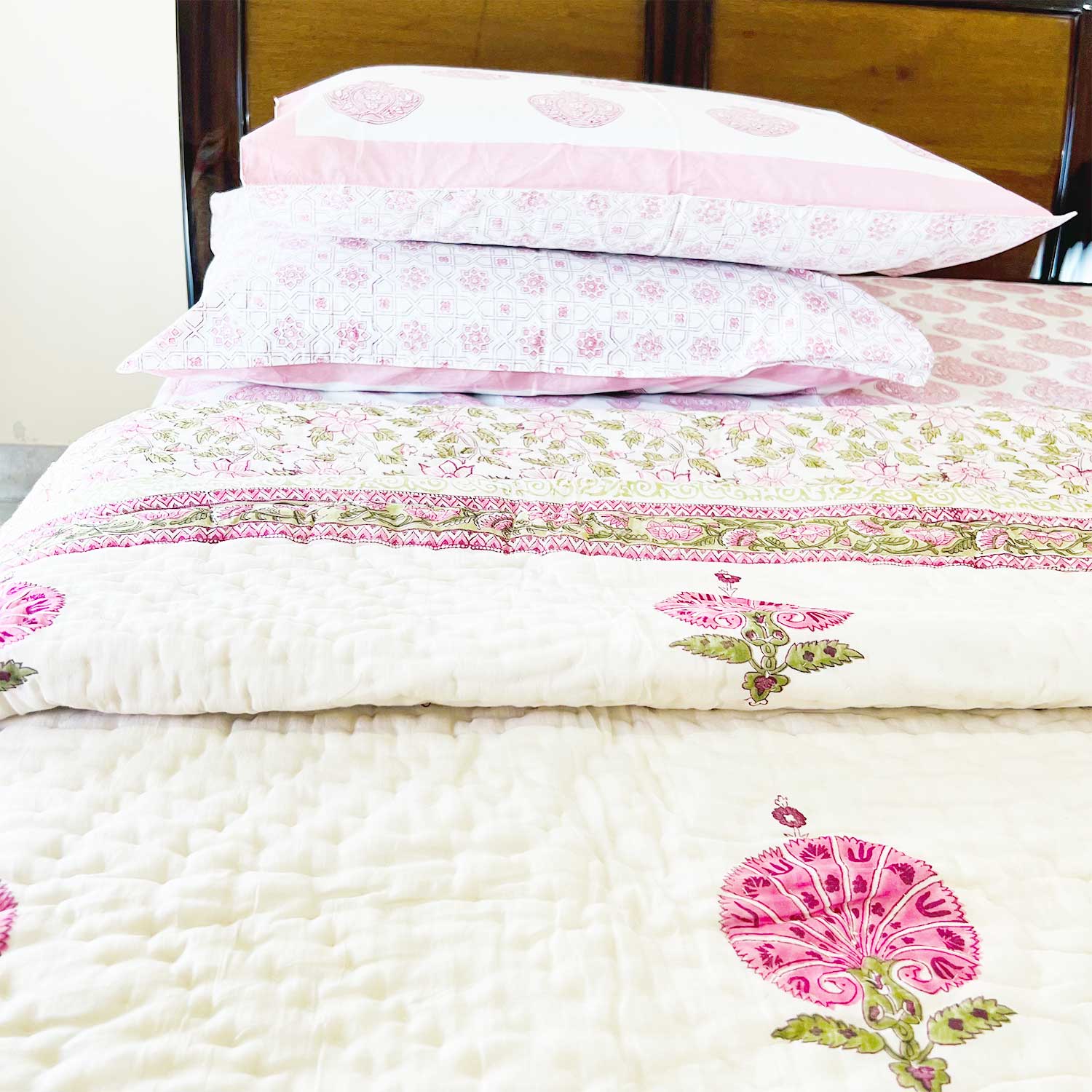 Pink Motif Block Printed Double sided Cotton Quilt - 90 inches x 108 inches