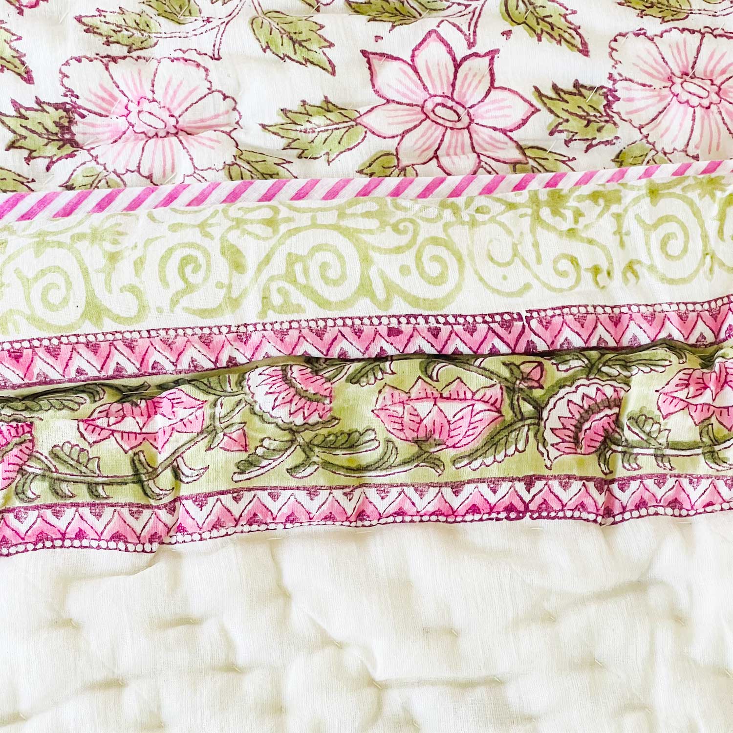 Pink Motif Block Printed Double sided Cotton Quilt - 90 inches x 108 inches