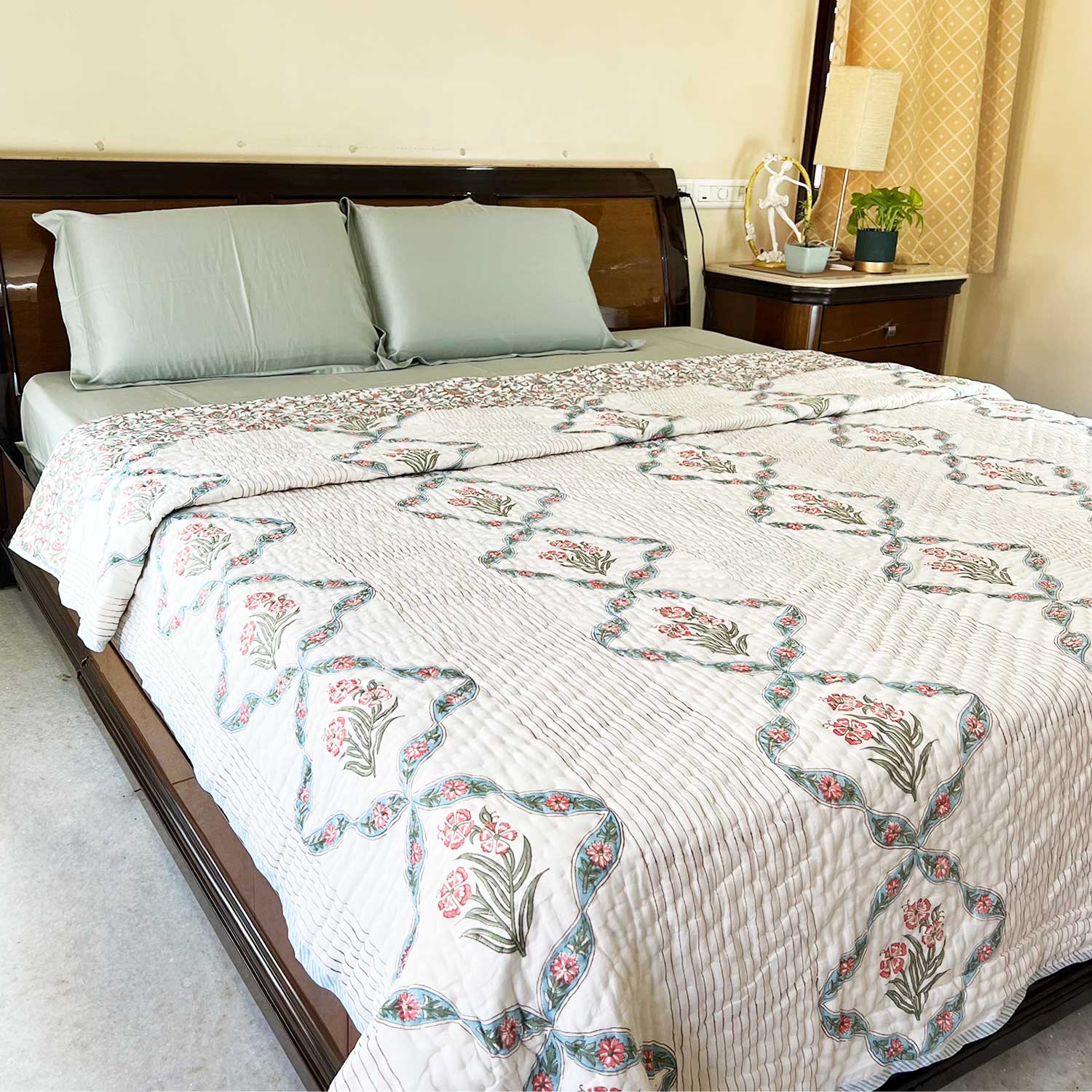 White Muted Jaal Floral  Block Printed Double sided Cotton Quilt - 90 inches x 108 inches