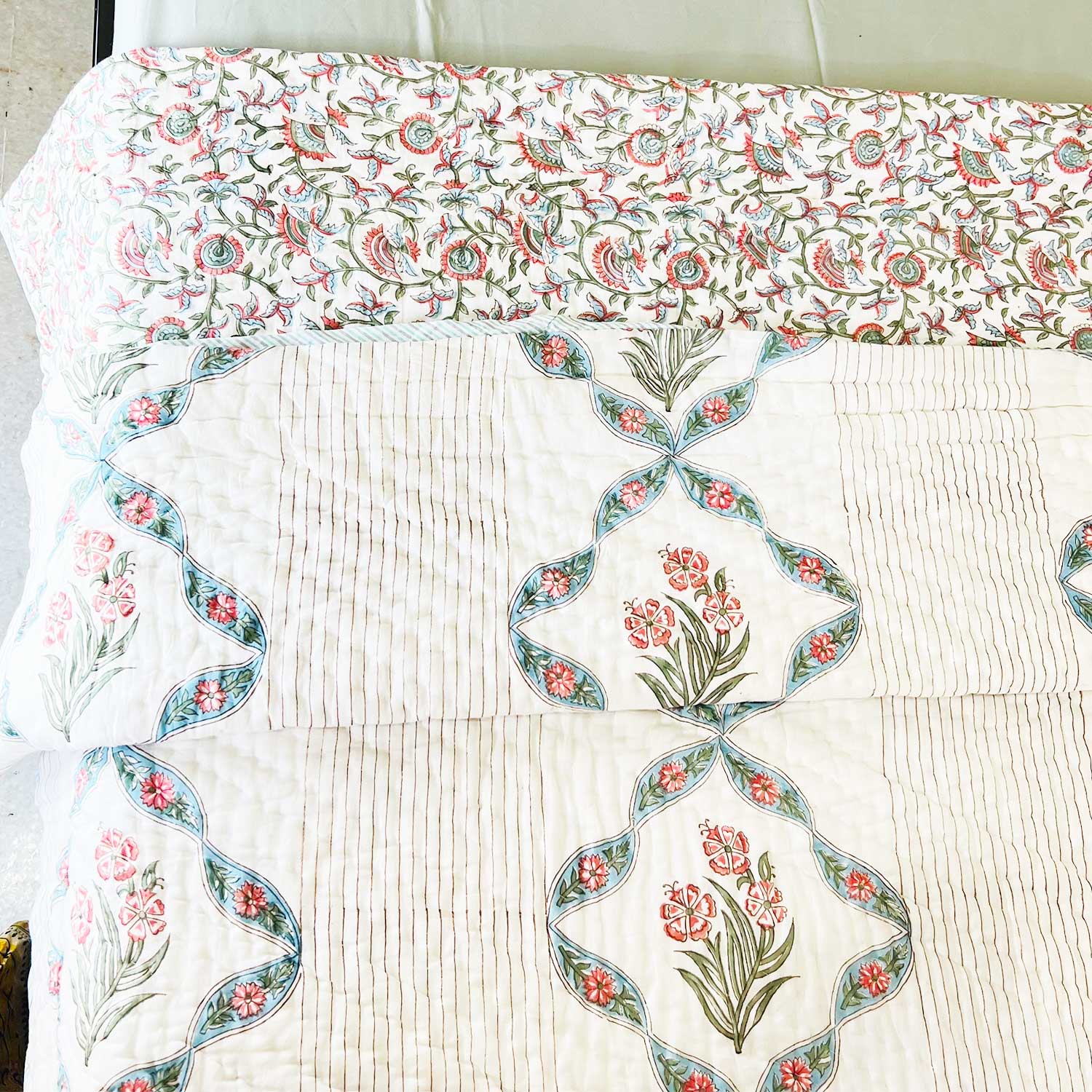 White Muted Jaal Floral  Block Printed Double sided Cotton Quilt - 90 inches x 108 inches
