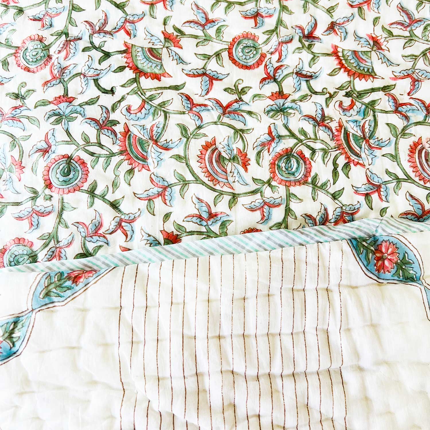 White Muted Jaal Floral  Block Printed Double sided Cotton Quilt - 90 inches x 108 inches