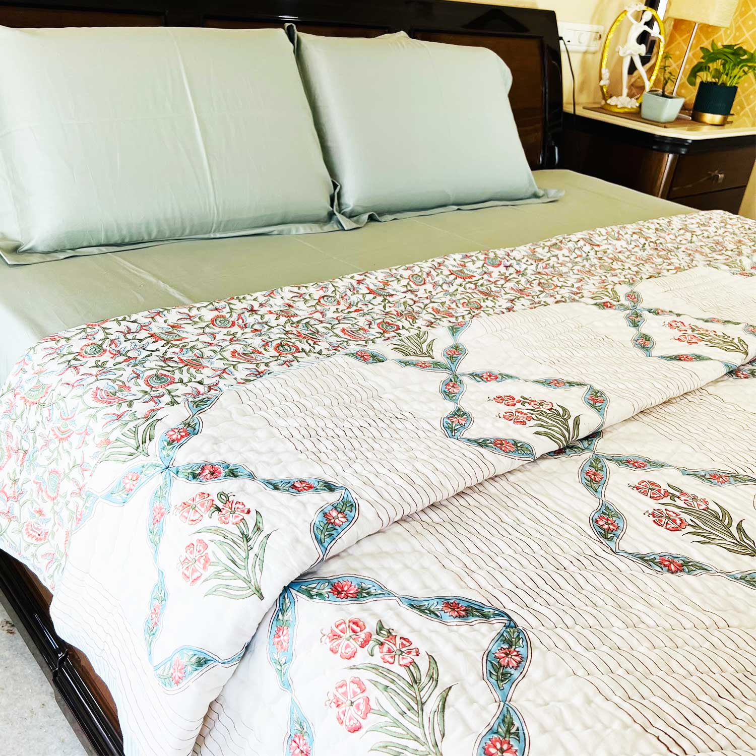 White Muted Jaal Floral  Block Printed Double sided Cotton Quilt - 90 inches x 108 inches