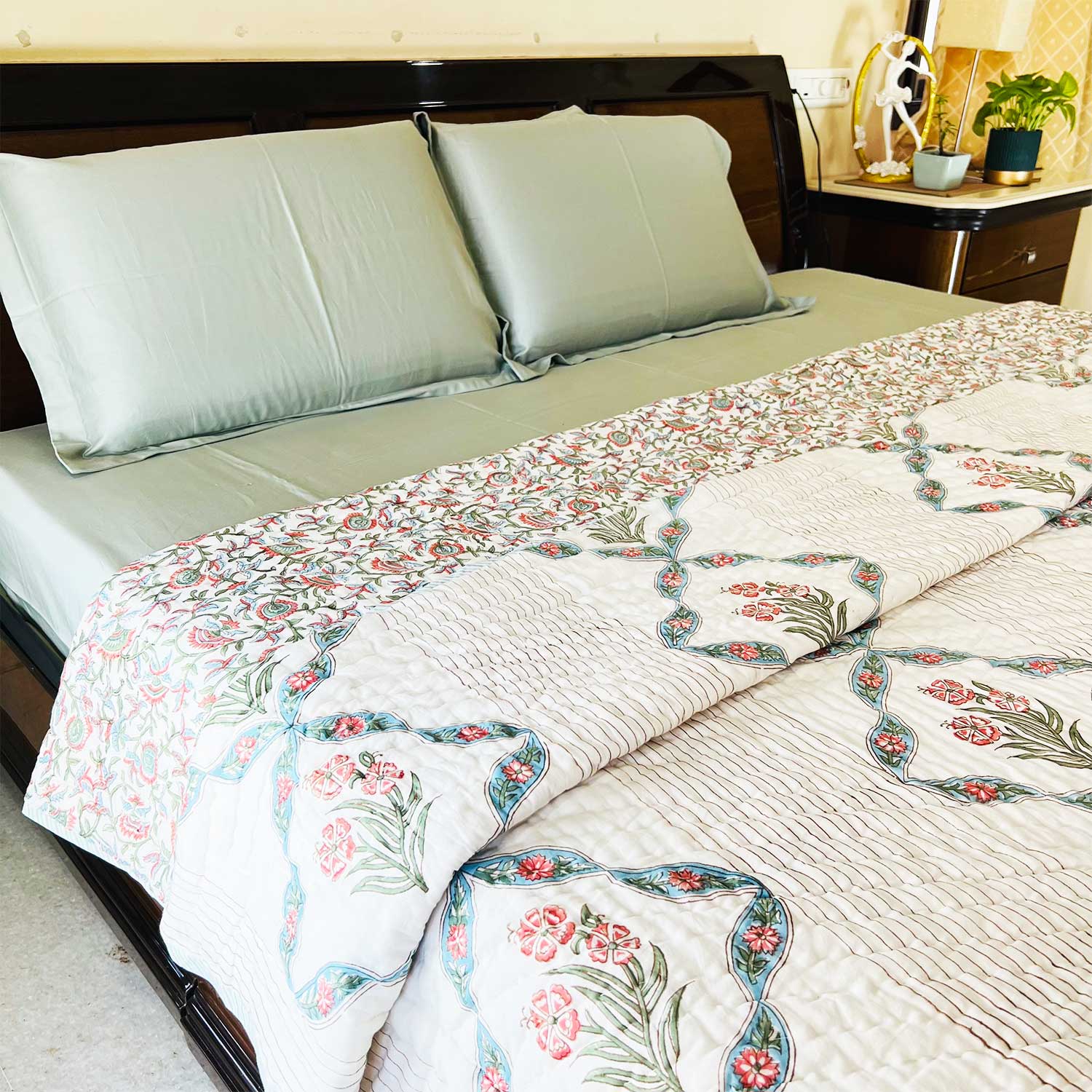 White Muted Jaal Floral  Block Printed Double sided Cotton Quilt - 90 inches x 108 inches