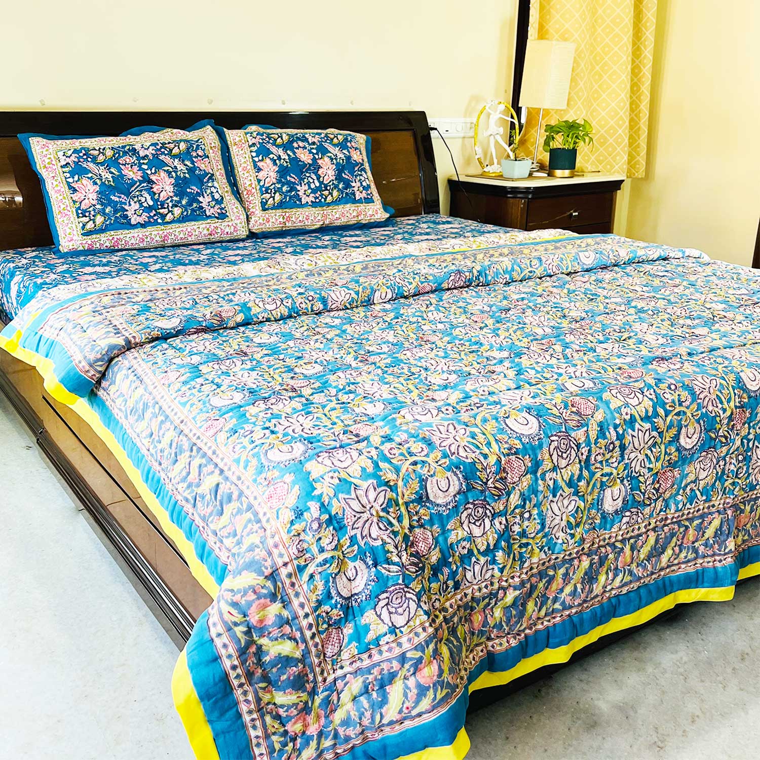 Blue Garden Block Printed Double sided Cotton Quilt - 90 inches x 108 inches