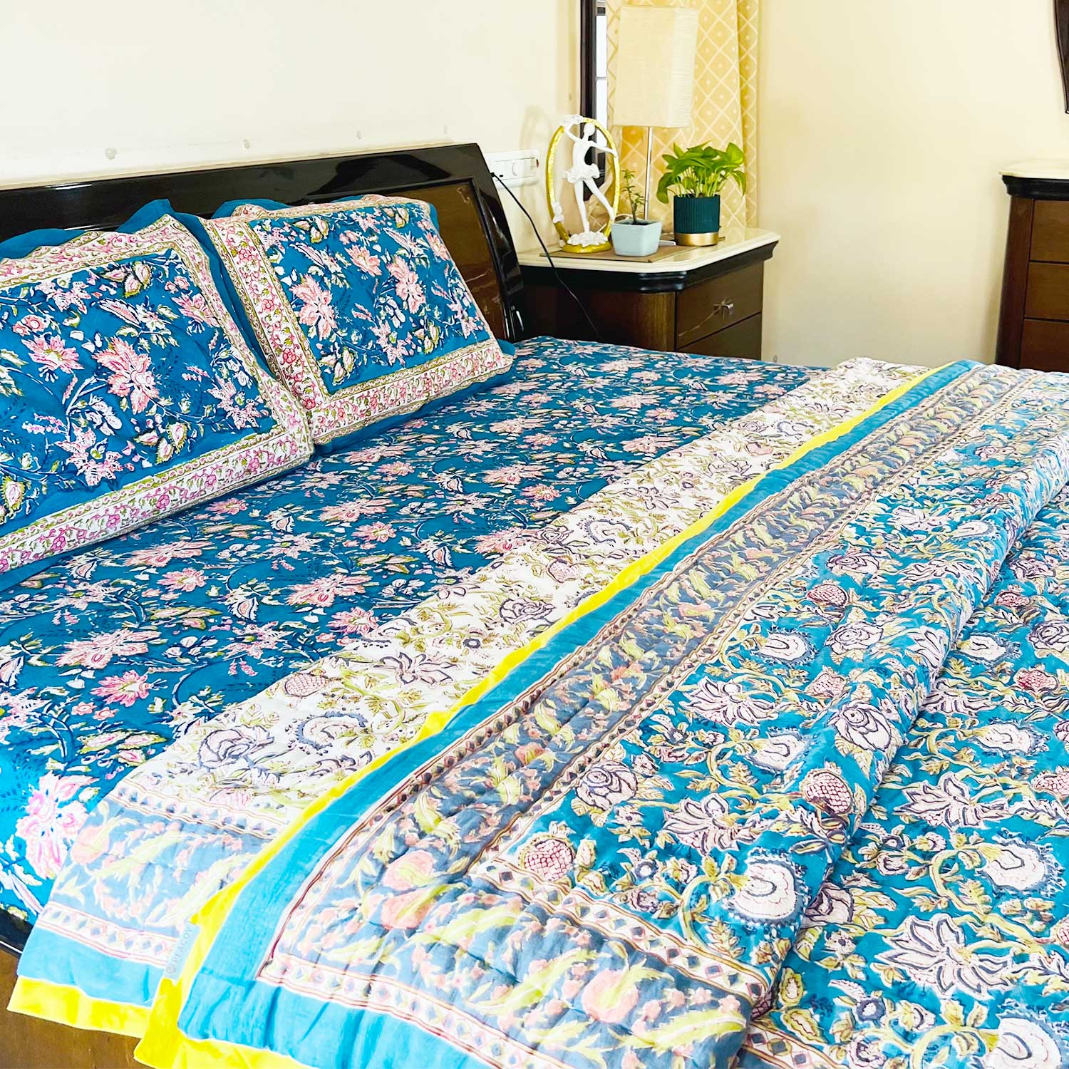 Blue Garden Block Printed Double sided Cotton Quilt - 90 inches x 108 inches