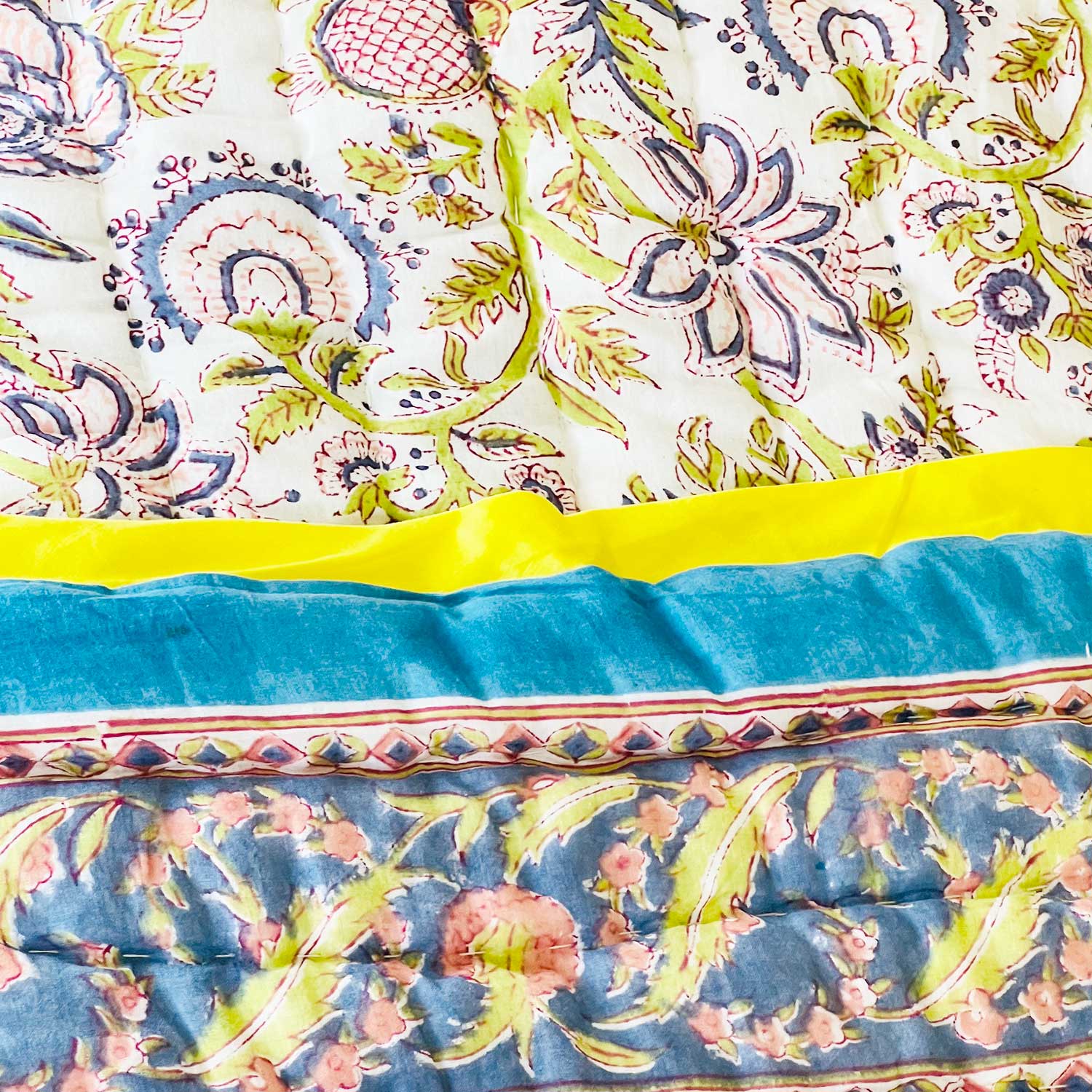 Blue Garden Block Printed Double sided Cotton Quilt - 90 inches x 108 inches