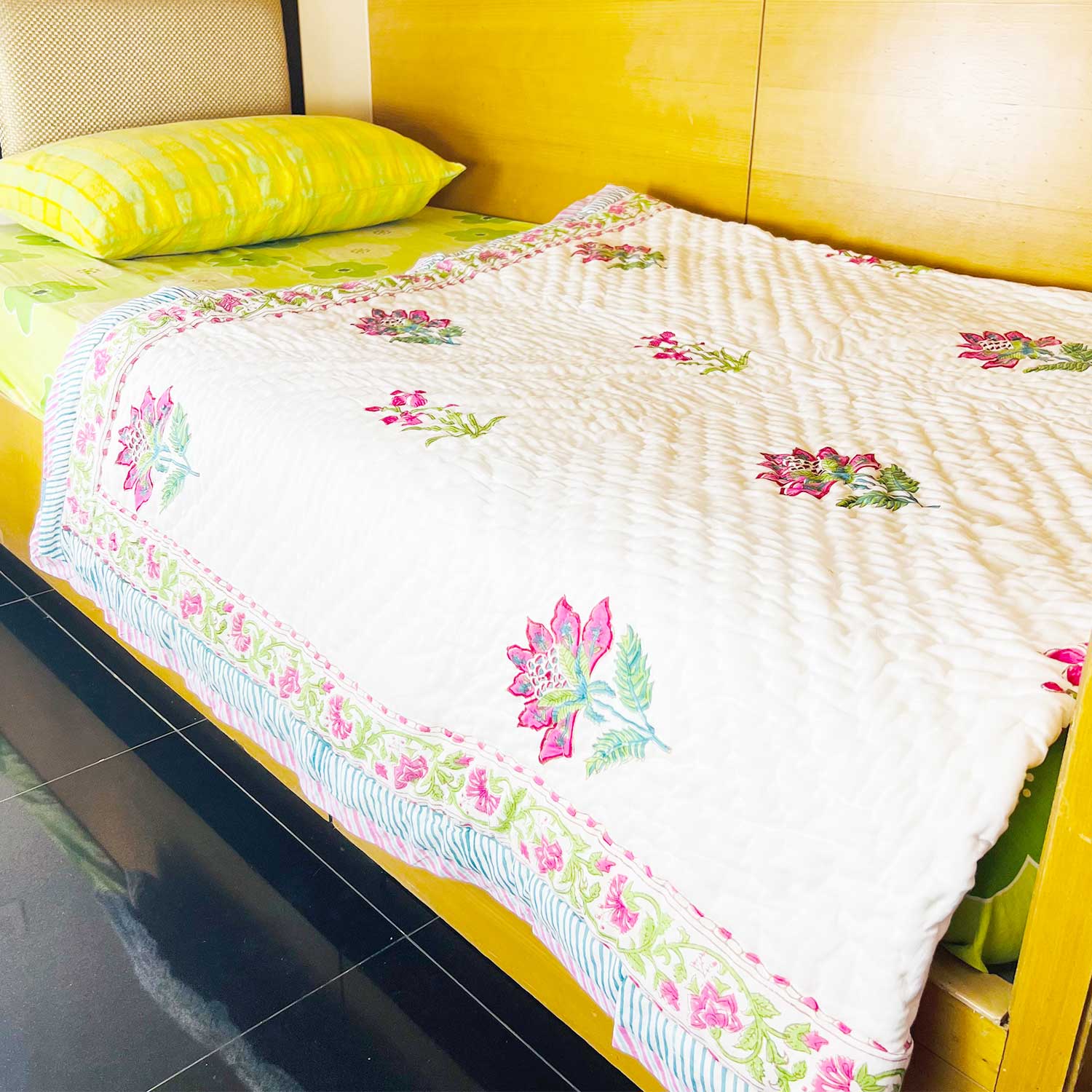 Wine Floral Double Sided Block Printed Cotton Quilt Single 60x90 Inches