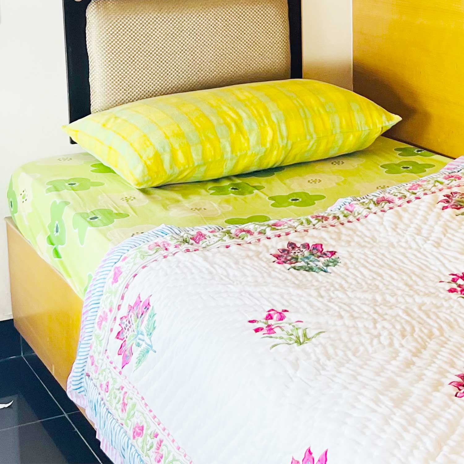 Wine Floral Double Sided Block Printed Cotton Quilt Single 60x90 Inches