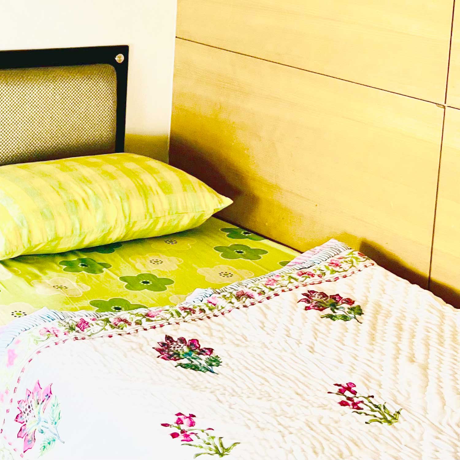 Wine Floral Double Sided Block Printed Cotton Quilt Single 60x90 Inches