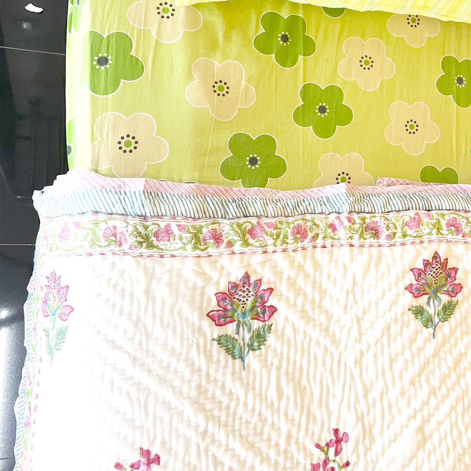 Wine Floral Double Sided Block Printed Cotton Quilt Single 60x90 Inches