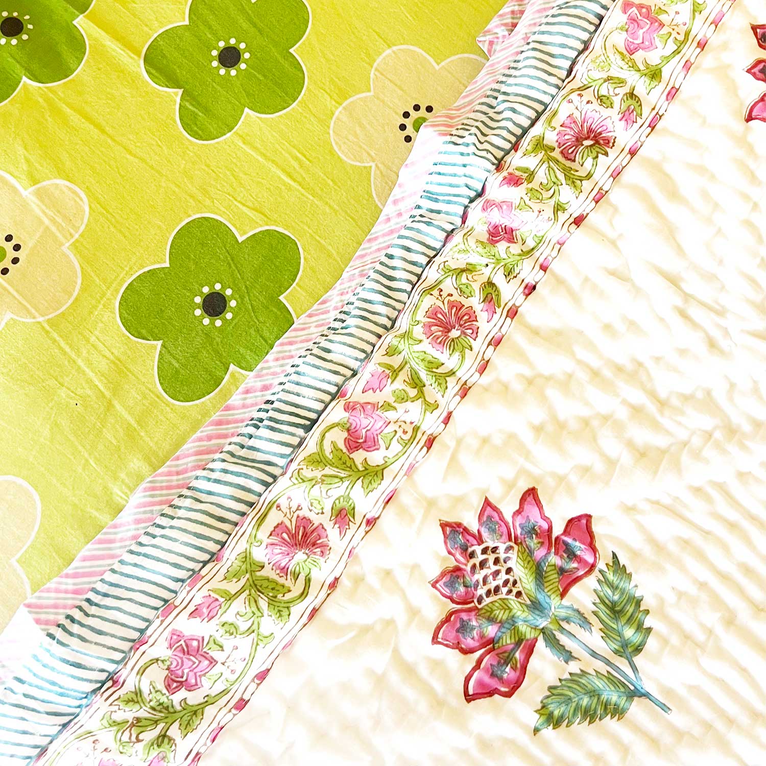 Wine Floral Double Sided Block Printed Cotton Quilt Single 60x90 Inches